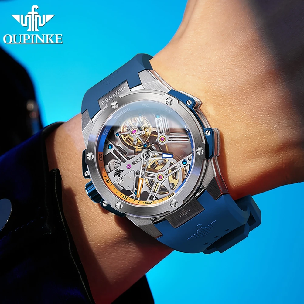 oupinke 8003 mens watch luxury skeleton fully automatic mechanical watch 50m waterproof silicone strap sports watch gift box Blue skeleton automatic watch