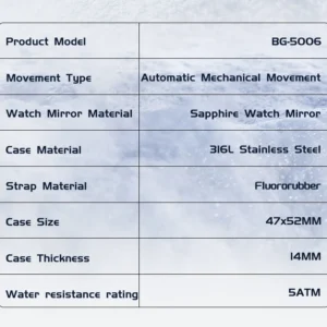 Watch specifications chart BG-5006