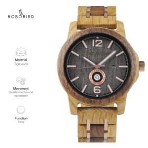 Wooden tigerwood mechanical watch