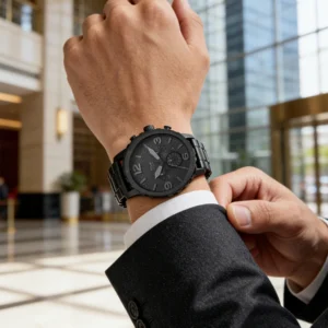 black wristwatch on man's wrist