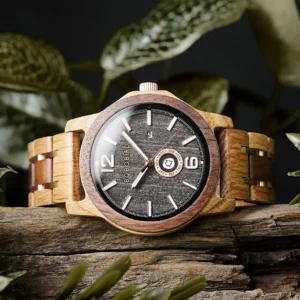 Wooden watch on rustic wood