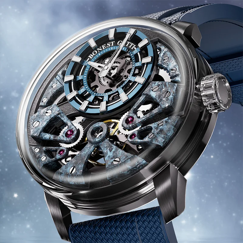 bonest gatti men's automatic mechanical watch sapphire glass 316 stainless steel skeleton mechanical wristwatch german brand Skeleton watch with blue strap.