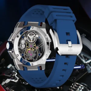 Blue skeleton watch close-up