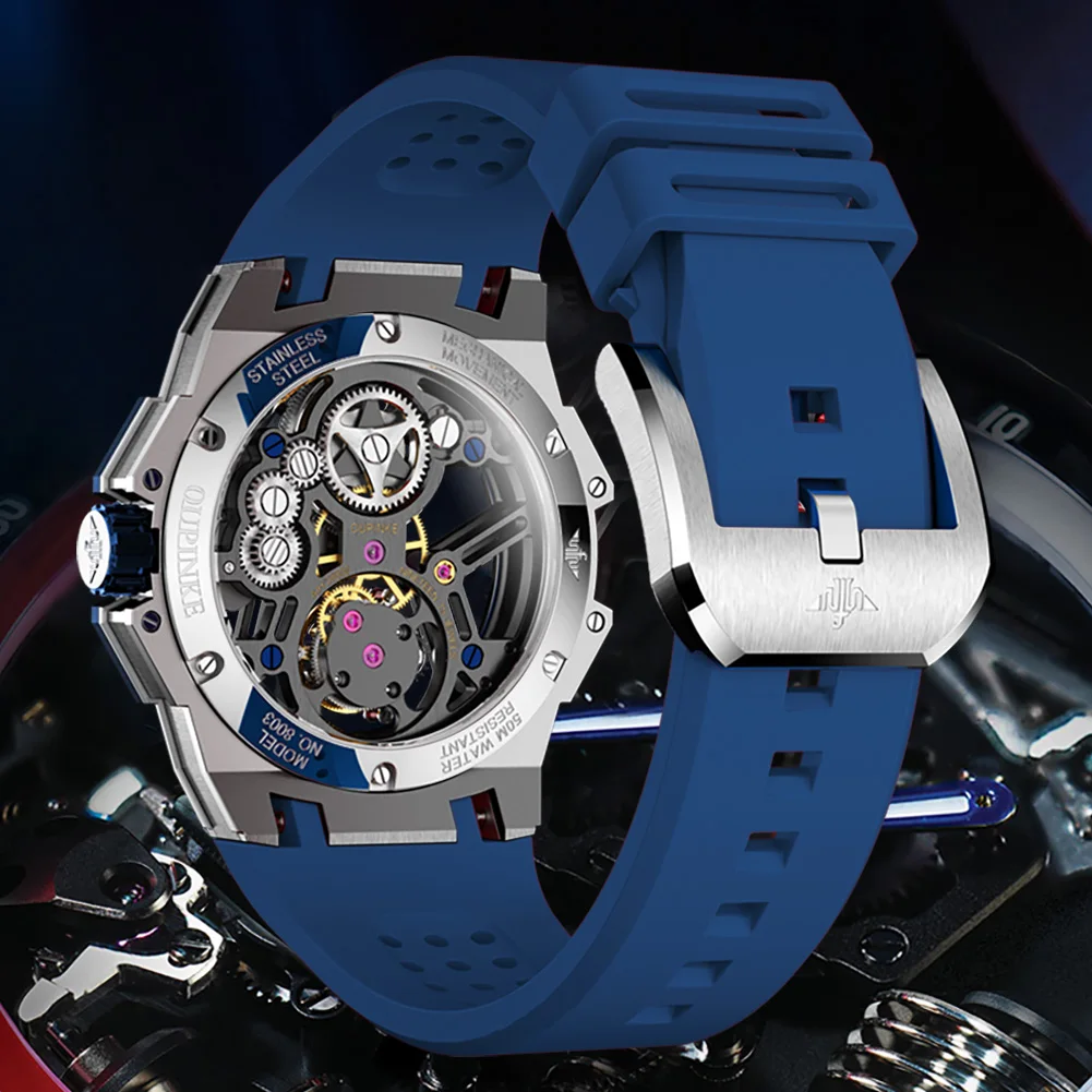 oupinke 8003 mens watch luxury skeleton fully automatic mechanical watch 50m waterproof silicone strap sports watch gift box Blue skeleton watch close-up
