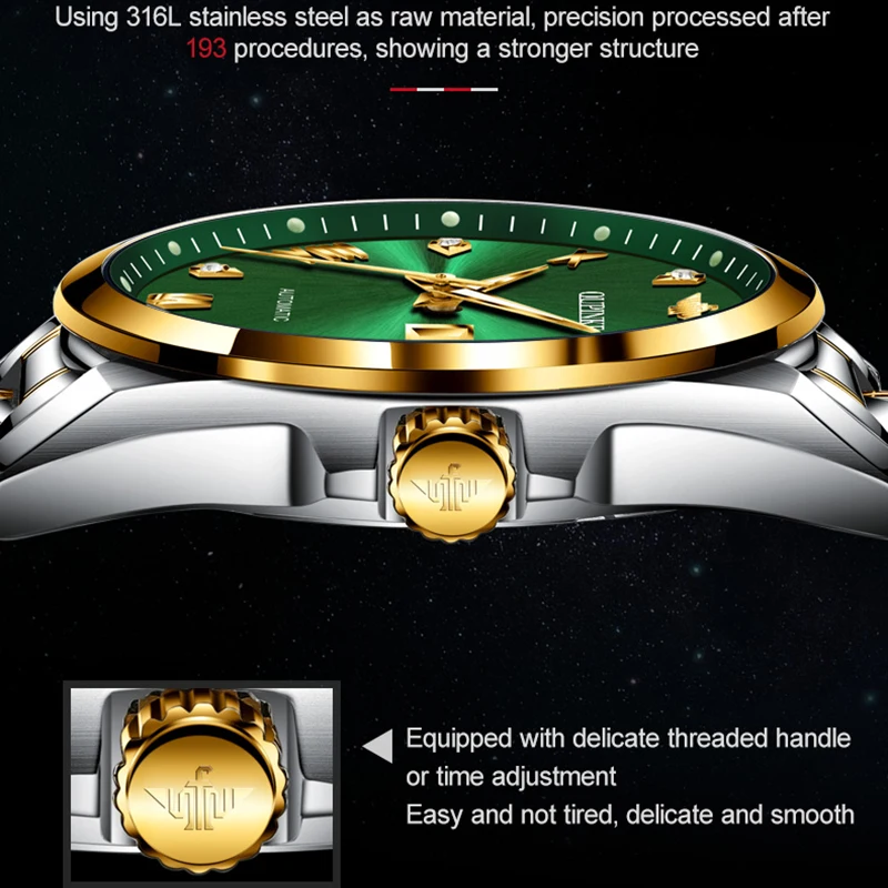 oupinke 3169 original luxury business automatic mechanical watch tungsten steel day date watches for man free gift mens watch Green and gold automatic watch