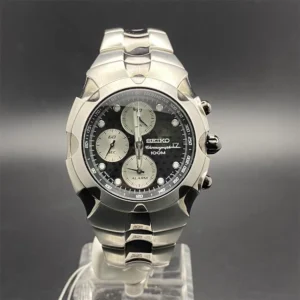 Silver chronograph watch with black dial