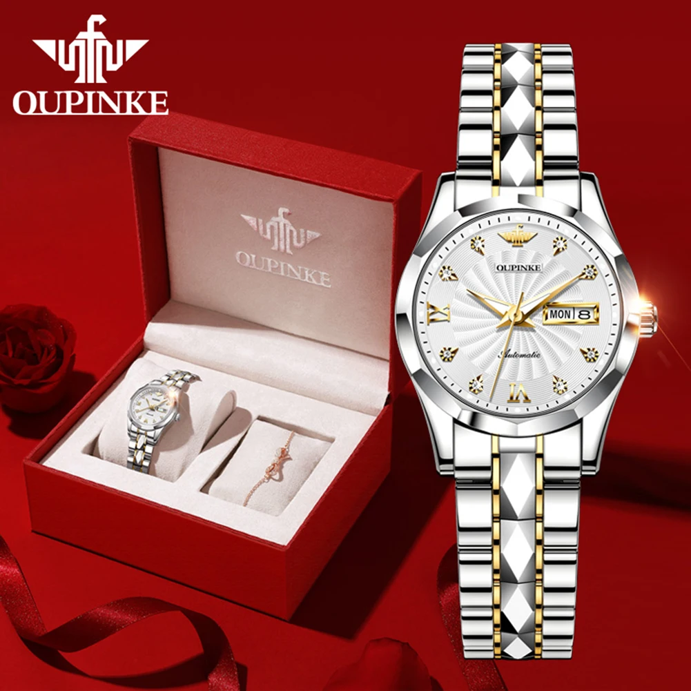 oupinke 3169 womens watch luxury elegant tungsten steel automatic mechanical watch waterproof luminous ladies day date watch Women's luxury watch gift set