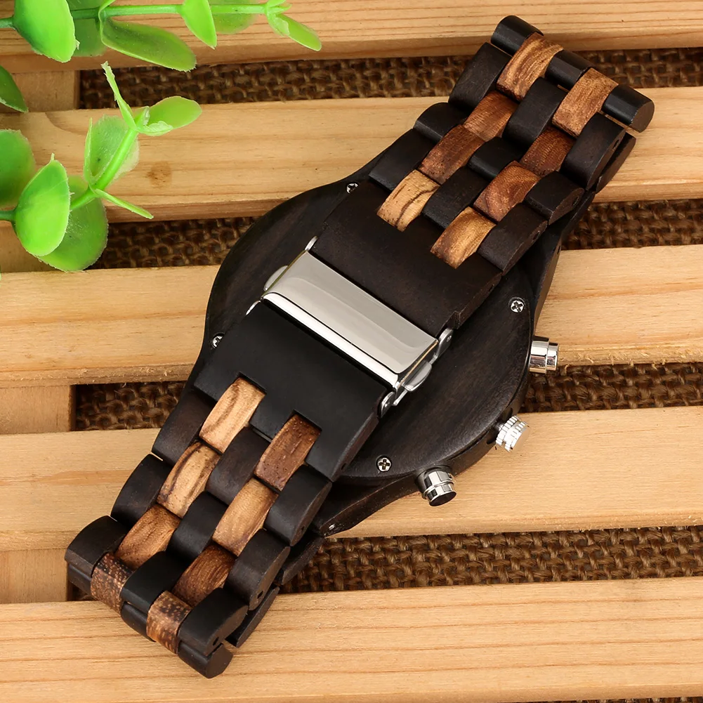 chronograph calendar round dial quartz watch for men folding clasp wooden bangle male watches vintage natural men's timepiece Wooden watch with woven band