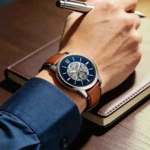 Men's skeleton watch, brown strap