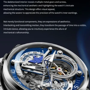 Skeleton mechanical watch movement closeup