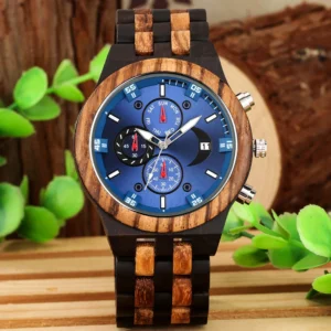 Blue face wooden watch