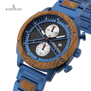Blue wood grain chronograph watch