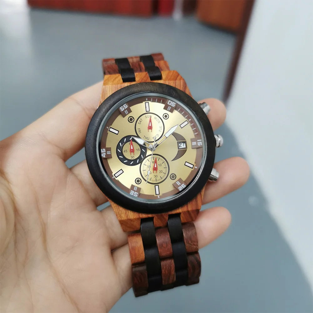 chronograph calendar round dial quartz watch for men folding clasp wooden bangle male watches vintage natural men's timepiece Wooden watch with gold face