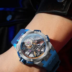 Blue modern mechanical wristwatch