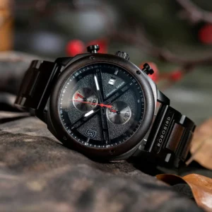 Black wooden chronograph watch