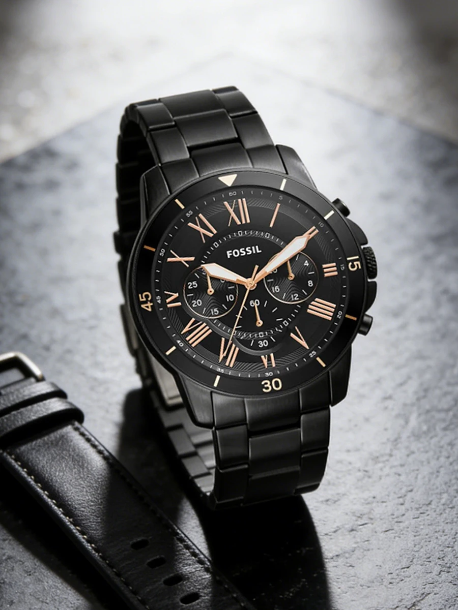 fossil fs5374 luxury men's watch sport quartz chronograph waterproof luminous stainless steel wristwatch relogio masculino Black metal watch with rose gold details