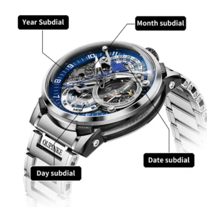 Blue dial skeleton watch functions