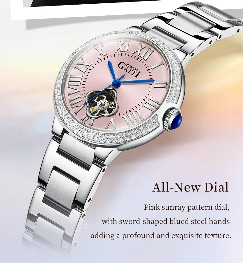 bonest gatti high quality watches women's automatic mechanical watch stainless steel round dial luminous waterproof wristwatch Pink dial diamond watch