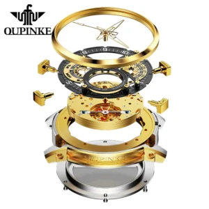 Exploded view gold watch mechanism