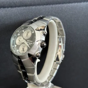 Silver chronograph watch with black dial