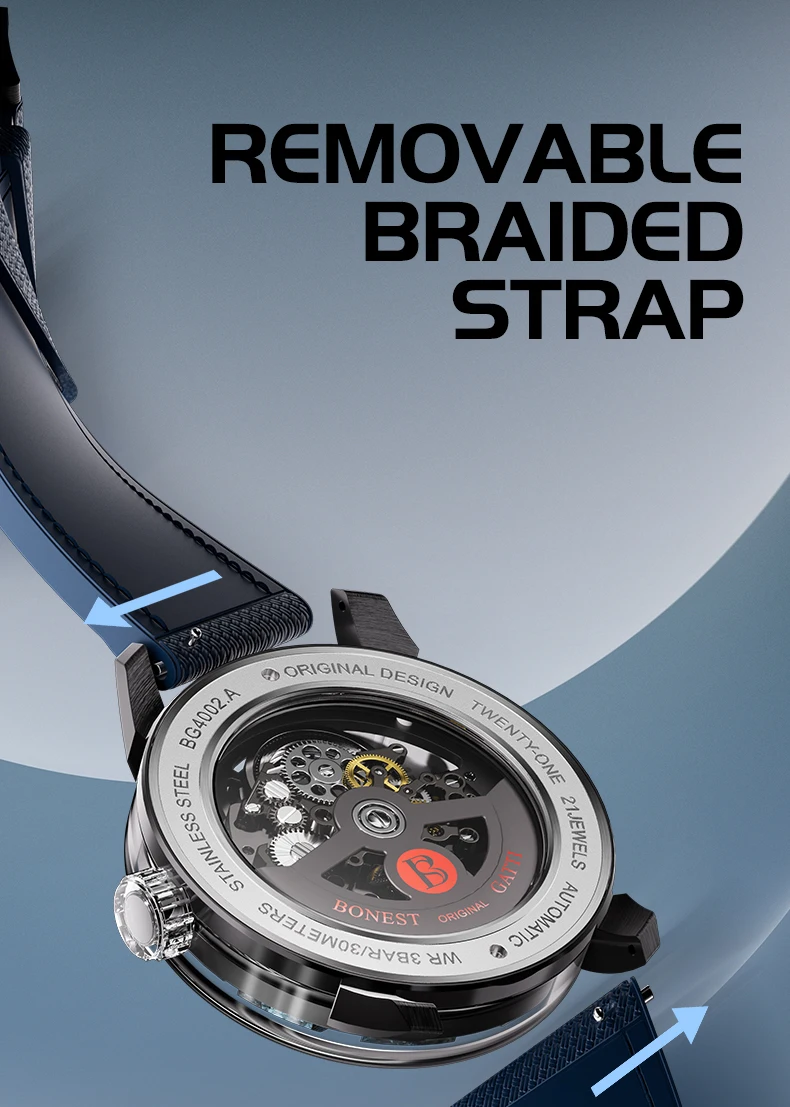 bonest gatti men's automatic mechanical watch sapphire glass 316 stainless steel skeleton mechanical wristwatch german brand Automatic watch with braided strap