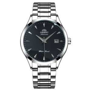 Silver metal watch with black dial