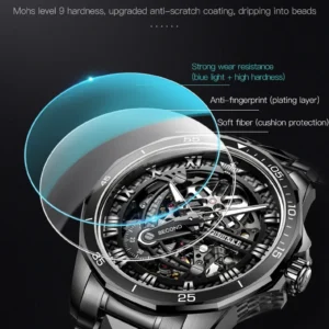 Luxury mechanical watch features sapphire mirror.