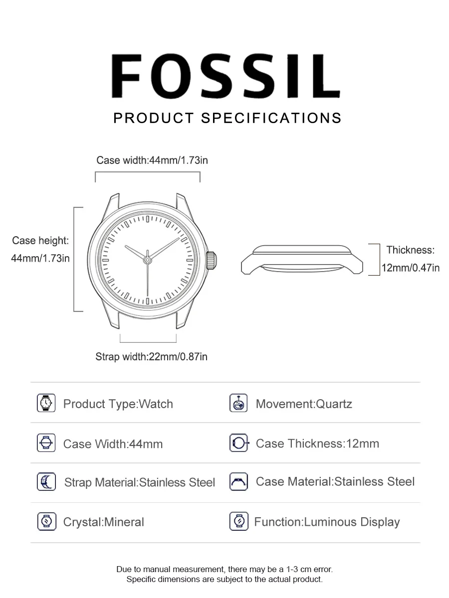 fossil fs5374 luxury men's watch sport quartz chronograph waterproof luminous stainless steel wristwatch relogio masculino Fossil watch specifications diagram.