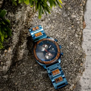 Wooden and blue metal watch