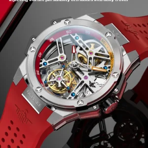 Transparent mechanical watch with red strap
