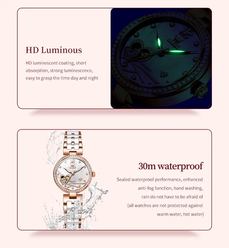 olevs fashion ceramic skeleton women mechanical watches new luxury automatic watch ladies original waterproof lady wrist watch Luminous watch face and waterproof.