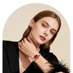 Woman wearing white porcelain watch.