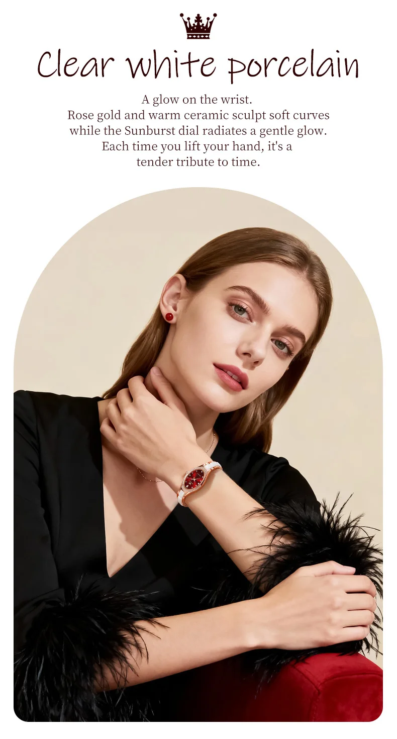 olevs brand new quartz watch for woman elegant luxury ceramics steel strap fashion oval diamond dial women's waterproof watches Woman wearing white porcelain watch.