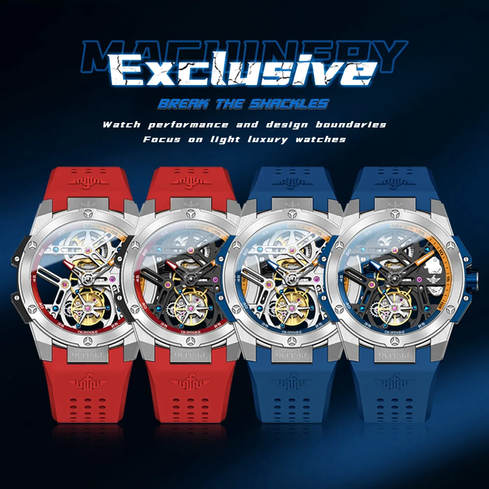 oupinke 8003 mens watch luxury skeleton fully automatic mechanical watch 50m waterproof silicone strap sports watch gift box Luxury mechanical watches with colorful straps
