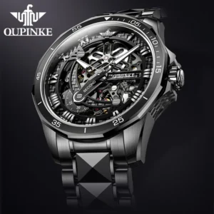 Black mechanical skeleton watch