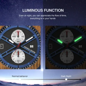 Luminous watch hands in dark.