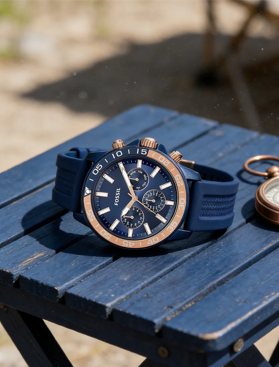 fossil men's sport chronograph watch blue silicone strap rose gold bezel multifunction quartz day date display gift for friend Navy blue Fossil watch outdoor