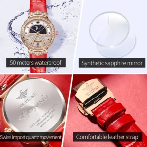 Red leather watch features