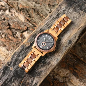 Wooden watch on rustic wood.