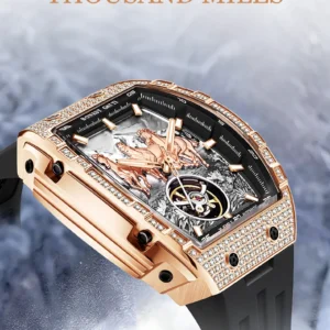 Rose gold watch with horses.