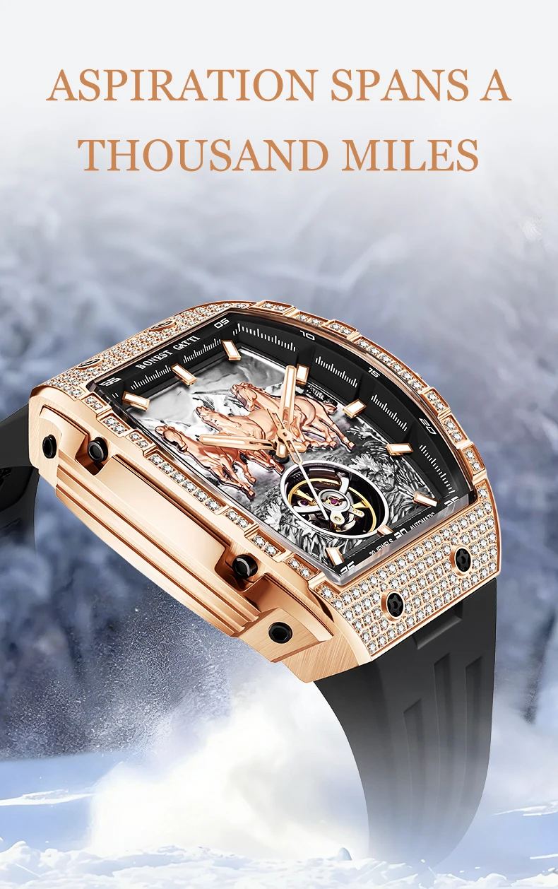 bonest gatti german automatic mechanical watch for men business fashion silicone strap luminous waterproof Rose gold watch with horses.