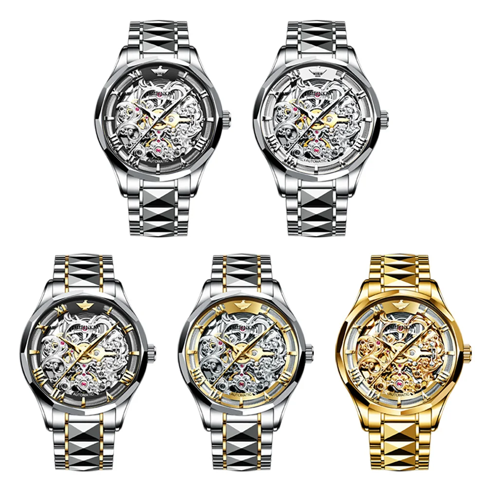 oupinke 3168 mens watch swiss skeleton automatic mechanical watch tungsten steel luxury business watch successful individuals Five automatic skeleton watches