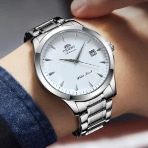 Silver automatic watch on wrist