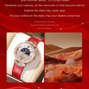 Diamond-studded watch with red strap