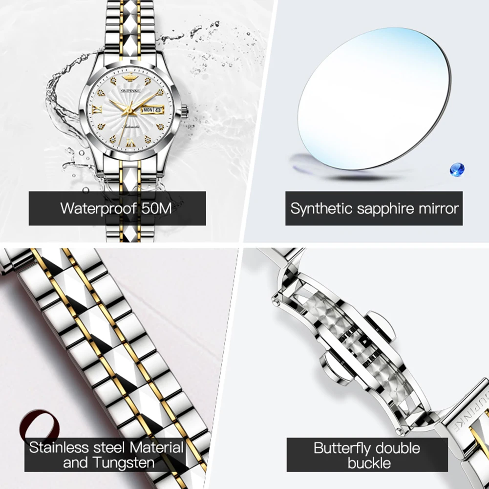 oupinke 3169 womens watch luxury elegant tungsten steel automatic mechanical watch waterproof luminous ladies day date watch Watch features and materials showcased.