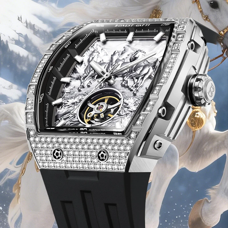 bonest gatti german automatic mechanical watch for men business fashion silicone strap luminous waterproof Diamond horse watch face.