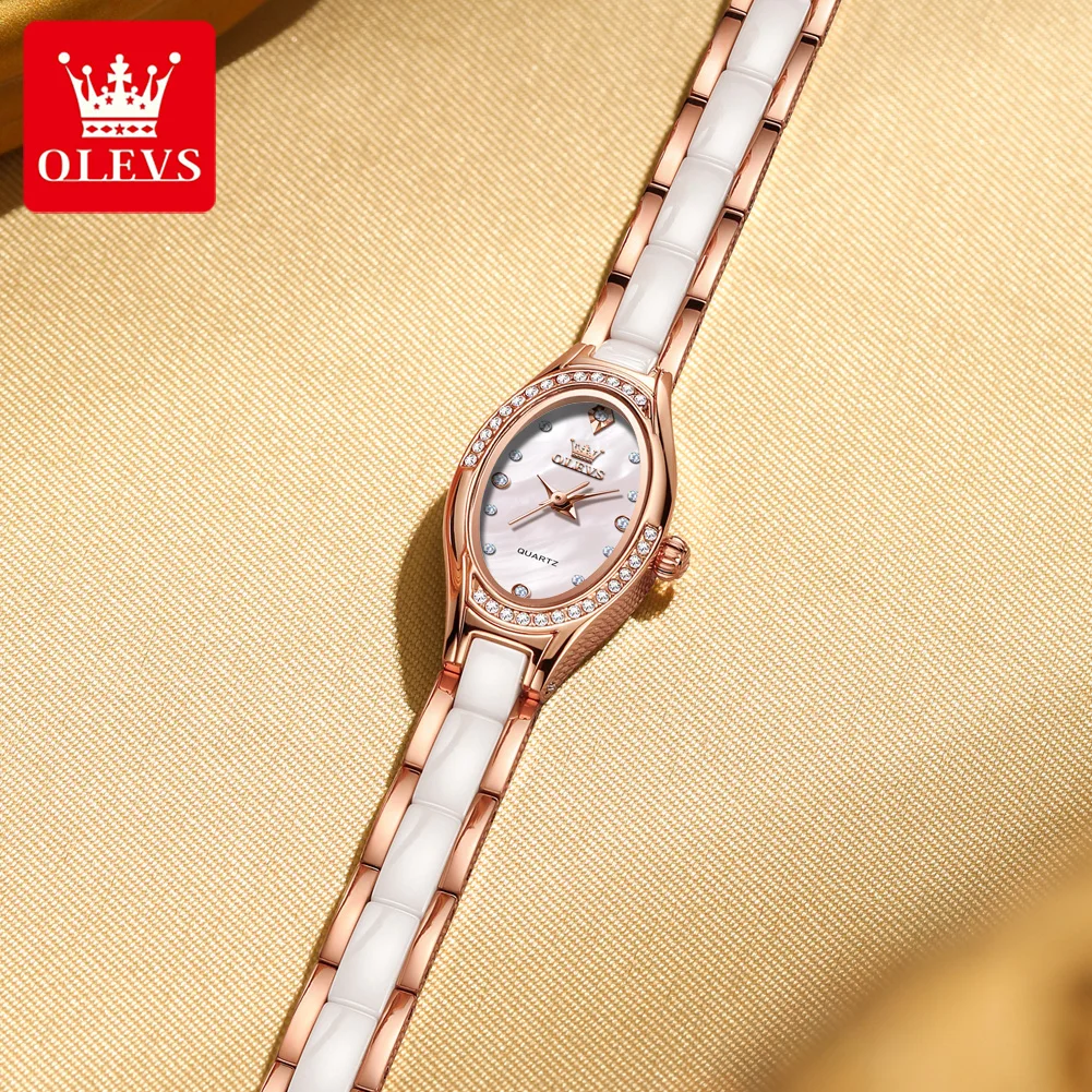 olevs brand new quartz watch for woman elegant luxury ceramics steel strap fashion oval diamond dial women's waterproof watches Elegant rose gold ceramic watch.