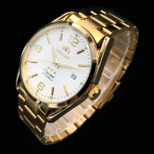 Gold wristwatch with white dial