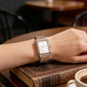 Rectangular watch on arm.