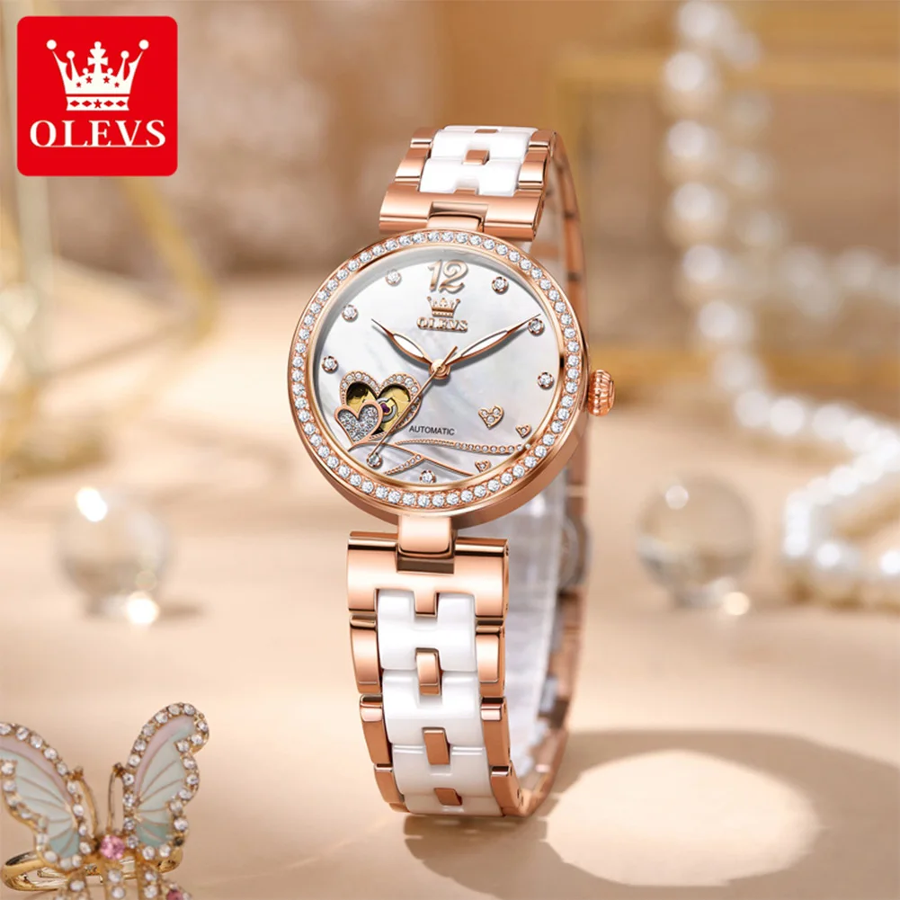 olevs fashion ceramic skeleton women mechanical watches new luxury automatic watch ladies original waterproof lady wrist watch Elegant rose gold watch